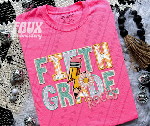 Fifth Grade Stacked Faux Embroidery Glitter with Pencil & Flower