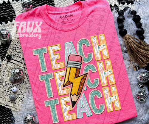 Teach Stacked Faux Embroidery Glitter with Pencil & Flower