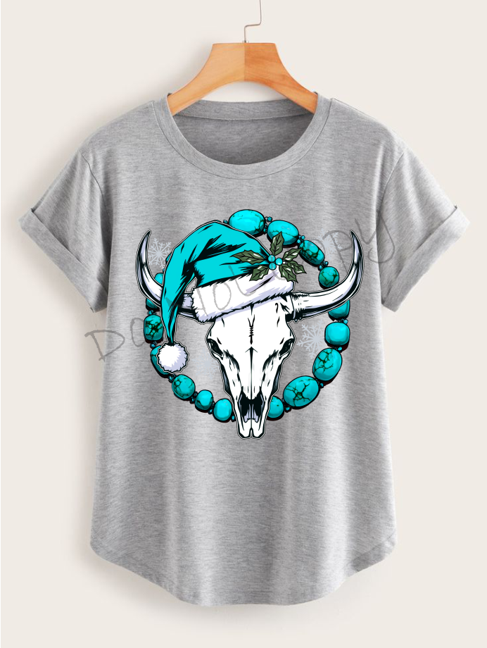 Bull Skull with Santa Hat and Blue Beaded Circle