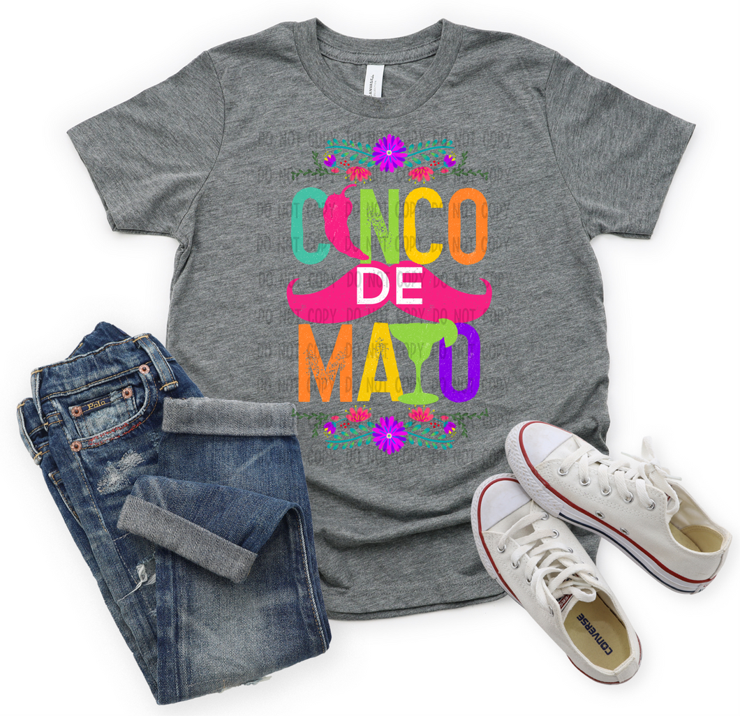 Cinco De Mayo Chili Pepper & Mustache With Colorful Letters Transfer