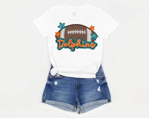 Dolphins Faux Embroidery  Football Teal & Orange