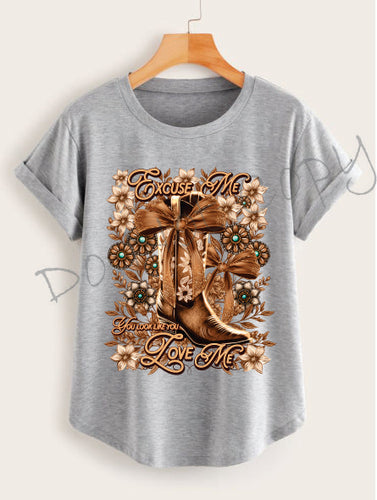 Excuse Me Tan With Western Boot Bow and Flowers