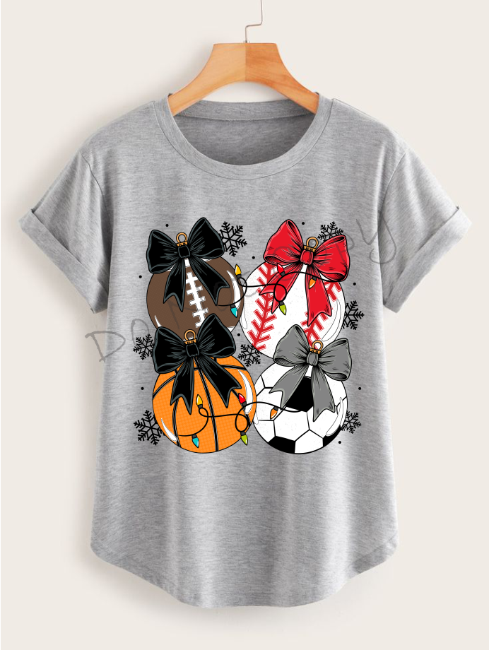 Football, Baseball, Basketball, and Soccer ball Ornaments with Bows