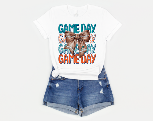 Game Day Dolphins Stacked With Football Bow Teal & Orange