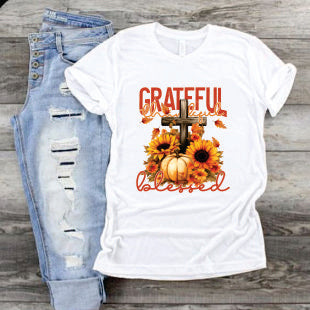 Grateful Thankful and Blessed With Cross, Pumpkin, and Sunflowers