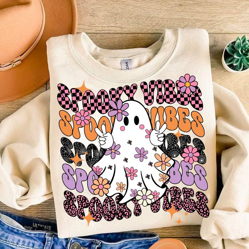 Spooky Vibes Purple, Orange & Black Stacked With Ghost