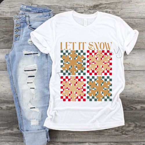 Let It Snow |4 Gold Snowflakes With Red and Green Checkered Background