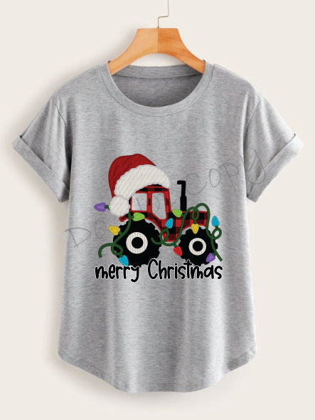 Merry Christmas Tractor Buffalo Plaid In Christmas Hat with Christmas Lights