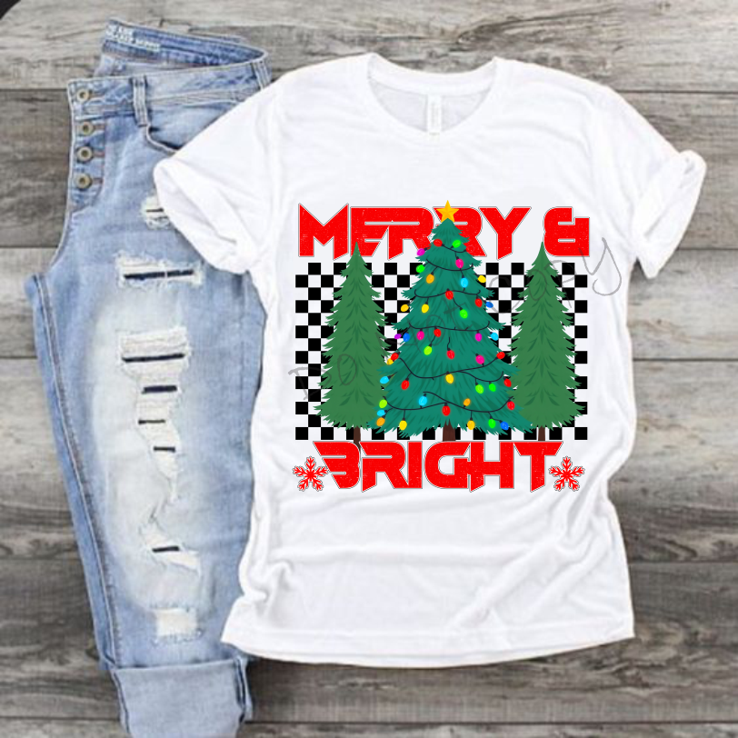 Merry & Bright |Three Christmas Trees |Checkered Background