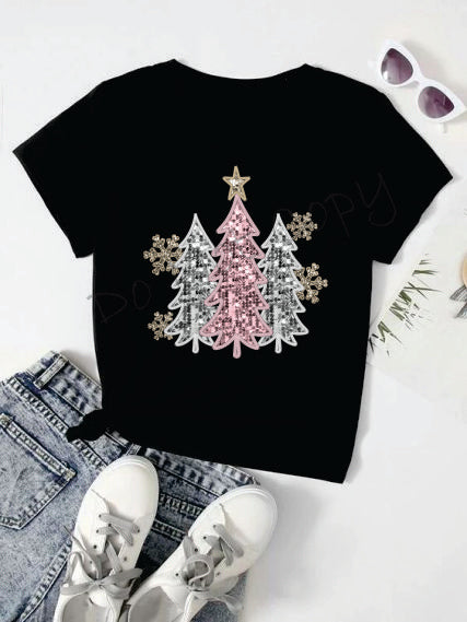 Pink and Silver Glitter Christmas Trees With Snowflakes