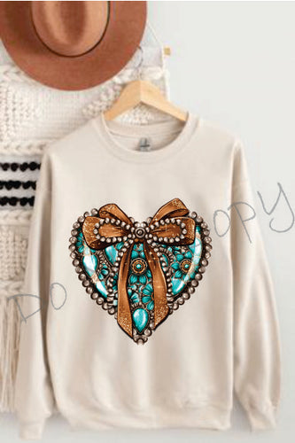 Turquoise Western Heart With Bow and Pearls