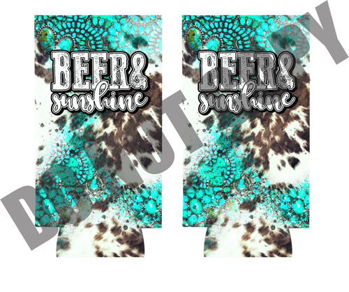 Beer & Sunshine Cowhide Turquoise Slim Koozie