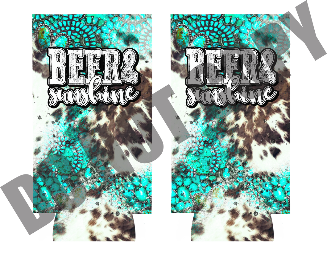 Beer & Sunshine Cowhide Turquoise Slim Koozie