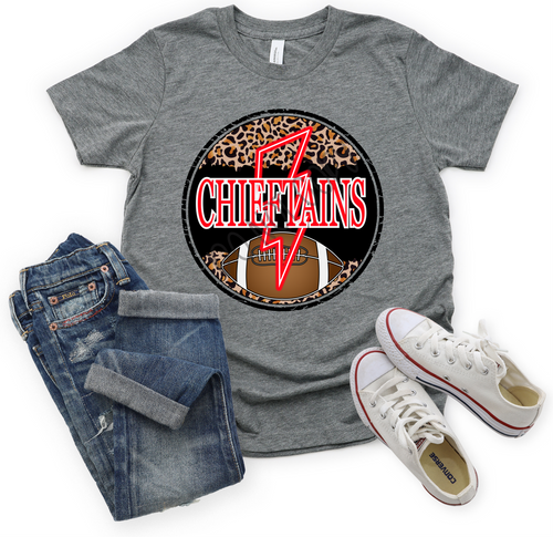 Chieftains Red, Black & White Football Cheetah Circle With Neon Lightning Bolt