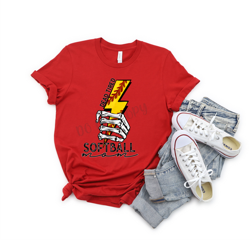 Dead Tired Softball Mom Distressed With Skeleton Hand & Lightning Bolt Transfer