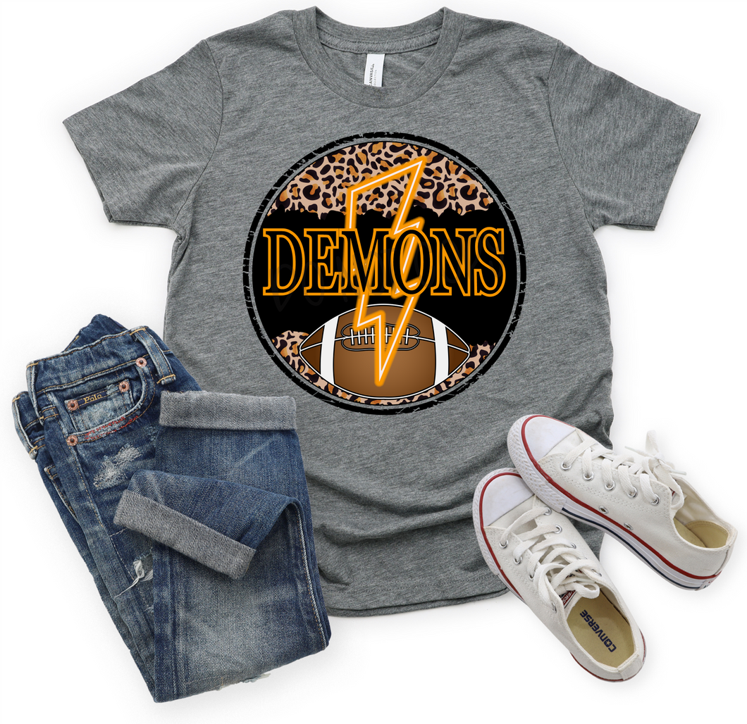 Demons Orange & Black Football Cheetah Circle With Neon Lightning Bolt