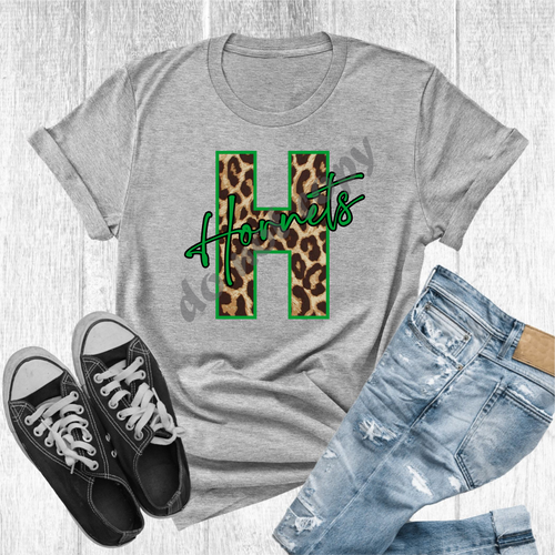 H Hornets Green & Black Leopard Letter