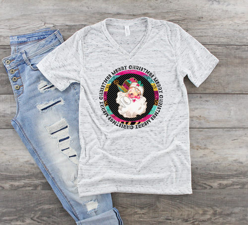 Merry Christmas Pink, Teal & Leopard Vintage Santa In Circle Transfer