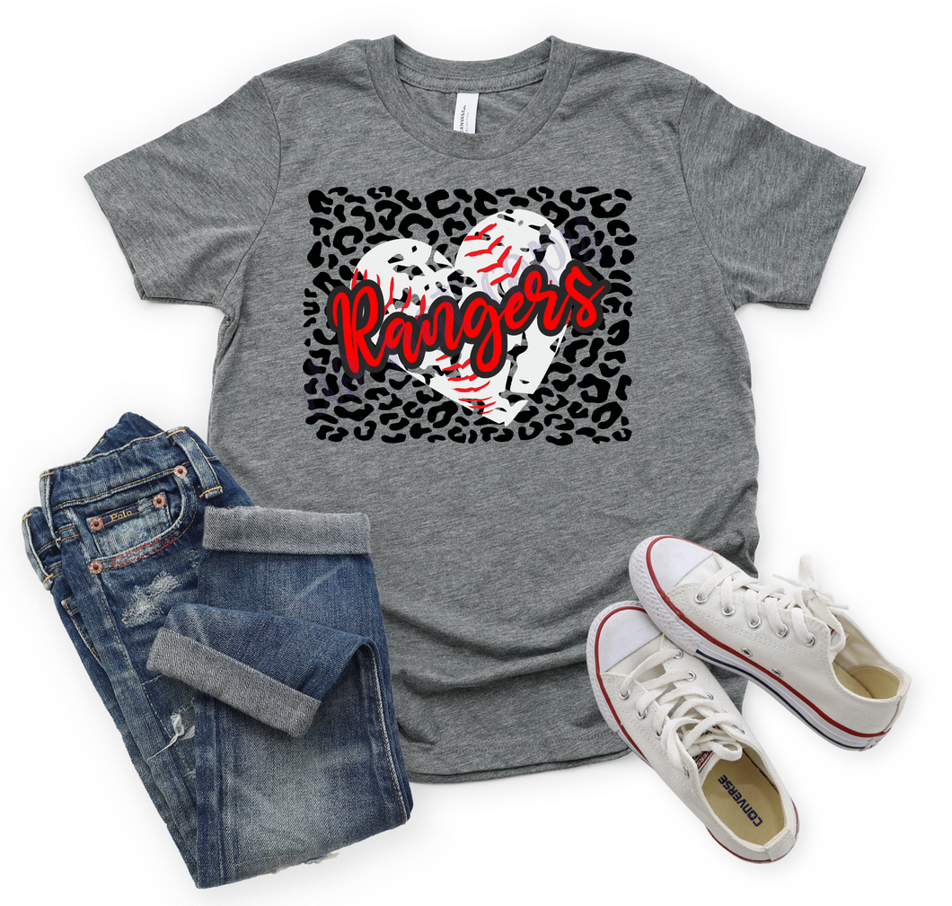 Rangers Red Baseball Heart With Leopard Background