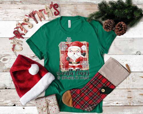 Santa Claus Is Coming To Town Red & Gold Plaid With Silver Glitter Snowflakes Transfer