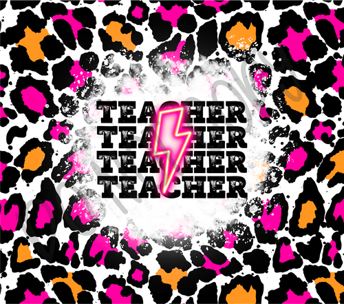 Teacher Pink & Orange Leopard With Lightning Bolt Completed Tumbler