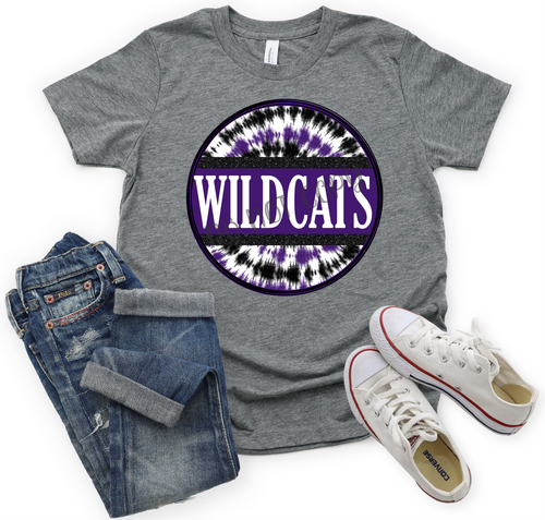 Wildcats Purple, Black & White Tie-dye Circle Print Font