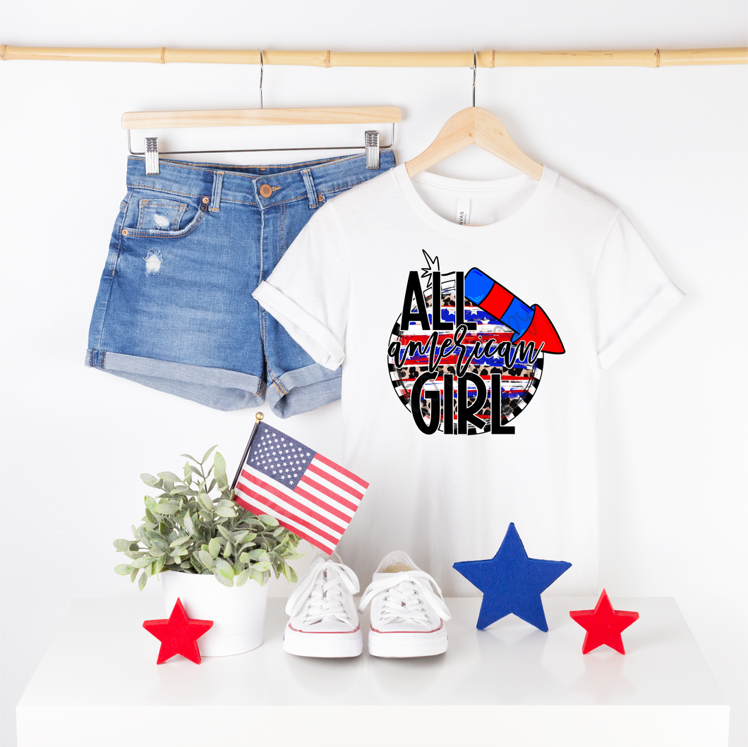 All American Girl Patriotic Leopard Circle With Rocket Transfer