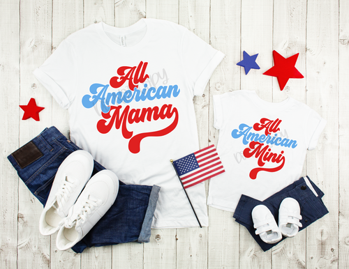 All American Mama Red & Light Blue Transfer