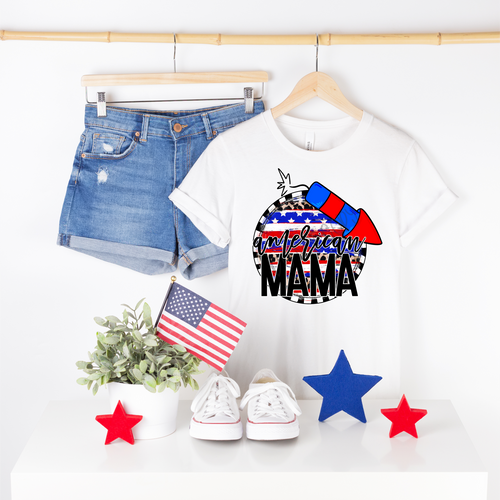 American Mama Patriotic Leopard Circle With Rocket Transfer