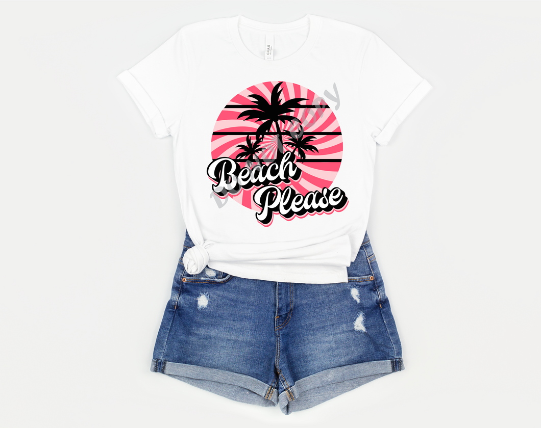 Beach Please Pink and Black Retro Circle Transfer