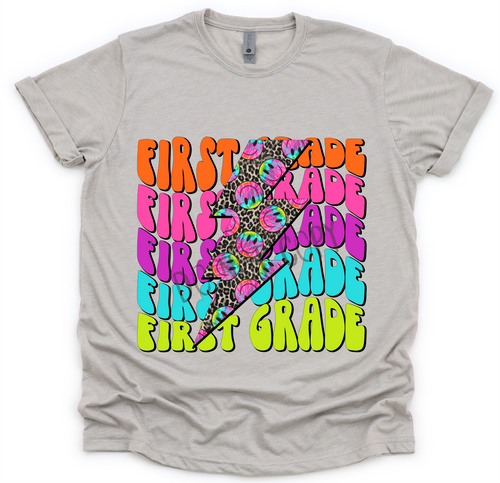 1st Grade Bright Color Stacked With Leopard Smiley Transfer