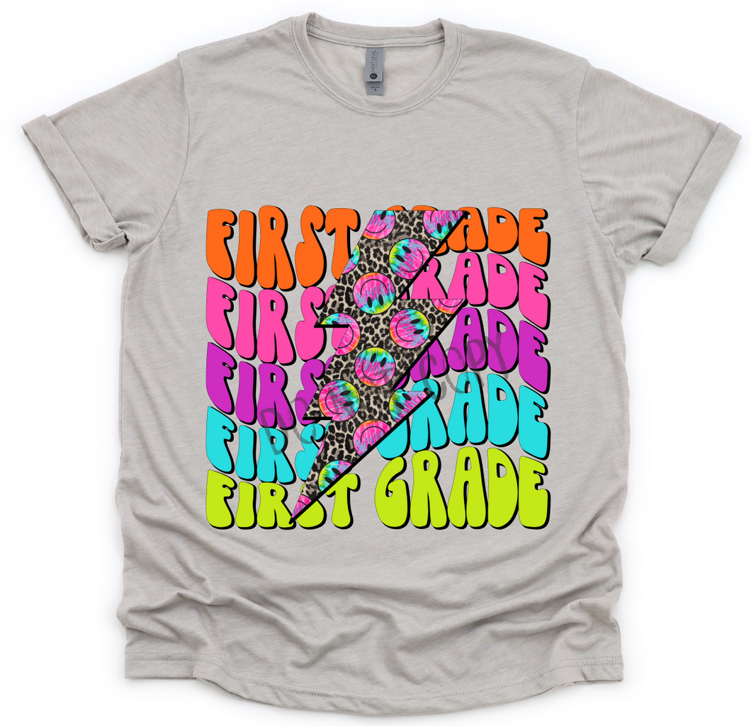 1st Grade Bright Color Stacked With Leopard Smiley Transfer