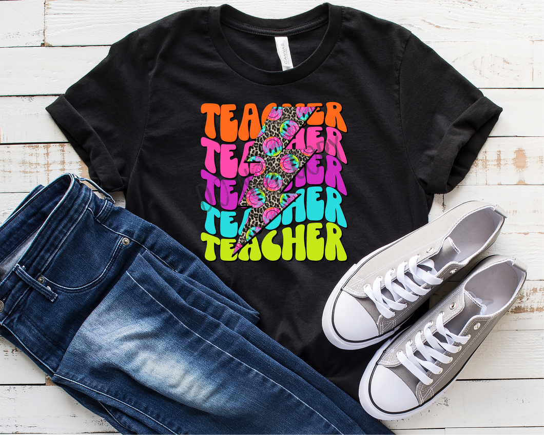 Teacher Bright Color Stacked With Leopard Smiley Transfer