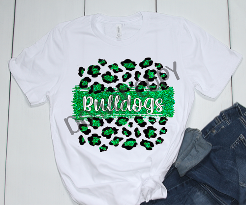 Bulldogs Green & White Leopard Glitter Transfer