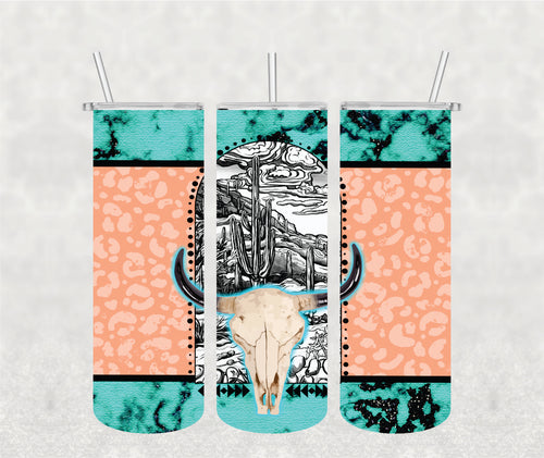 Bull Skull Teal and Coral Wrap/Tumbler