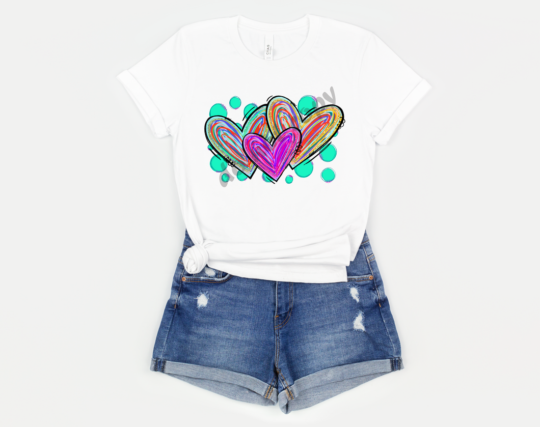 Multi Color Doodle Hearts With Teal Dots Transfer