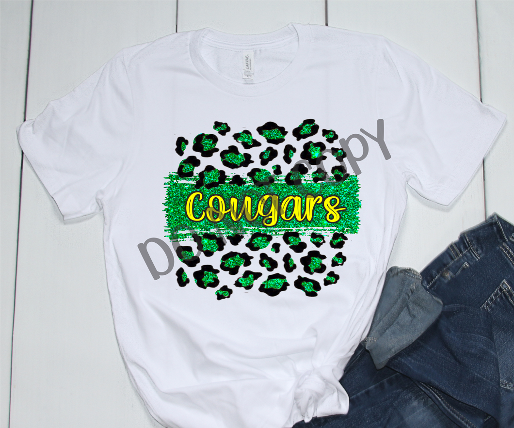 Cougars Green & Yellow Leopard Glitter