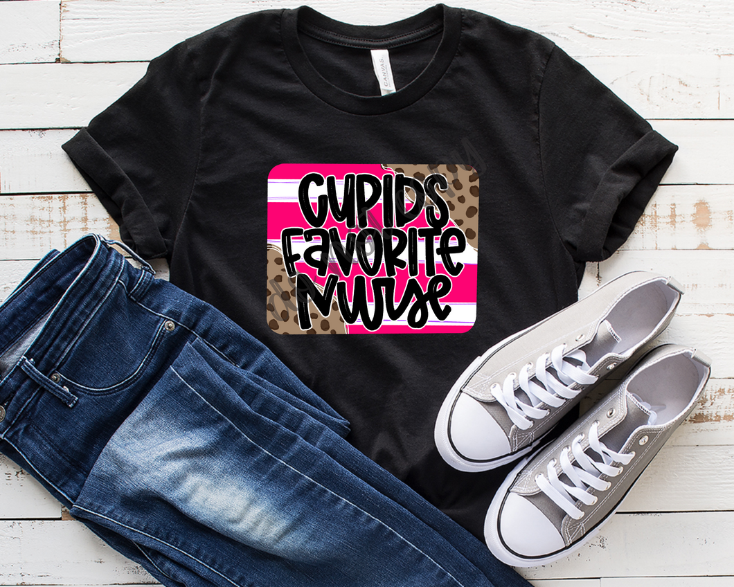 Cupid's Favorite Nurse Pink & White Striped With Leopard Transfer