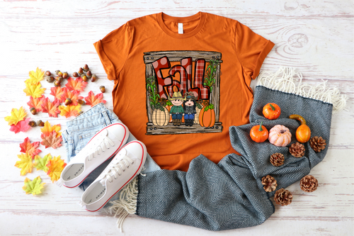 Fall In Wood Frame With Cowboy & Cowgirl Transfer