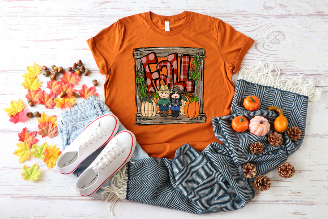 Fall In Wood Frame With Cowboy & Cowgirl Transfer