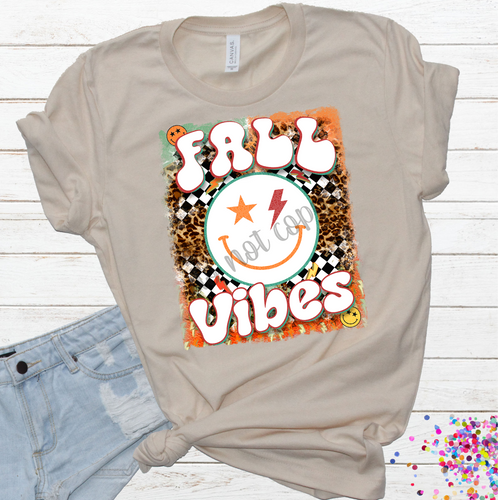 Fall Vibes Checkered & Leopard With Bright Orange & Teal Smiley Face Transfer