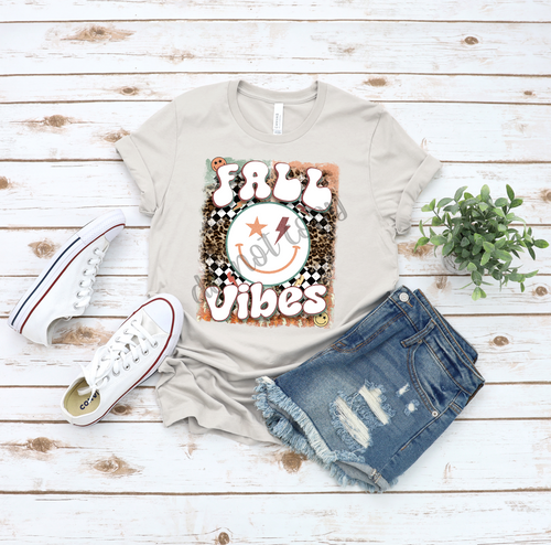 Fall Vibes Checkered & Leopard With Muted Orange & Teal Smiley Face Transfer