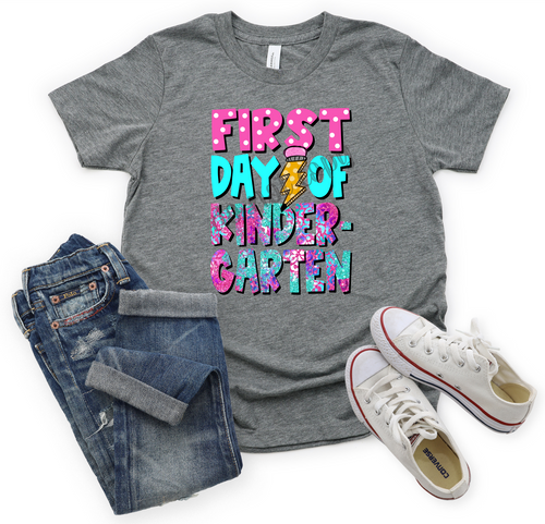 First Day Of Kindergarten Pink & Teal With Pencil Lightning Bolt Transfer