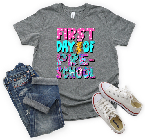 First Day Of Preschool Pink & Teal With Pencil Lightning Bolt Transfer