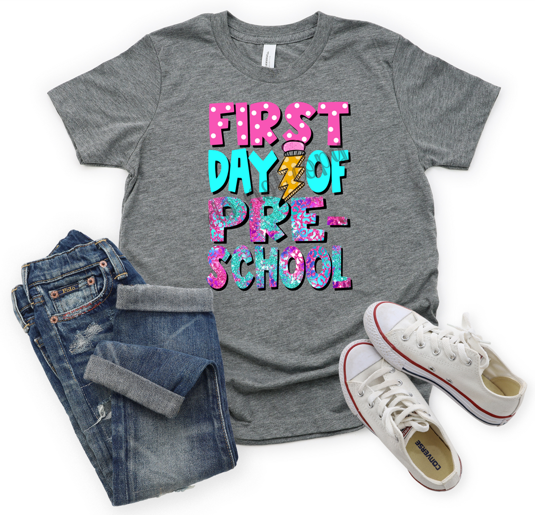 First Day Of Preschool Pink & Teal With Pencil Lightning Bolt Transfer