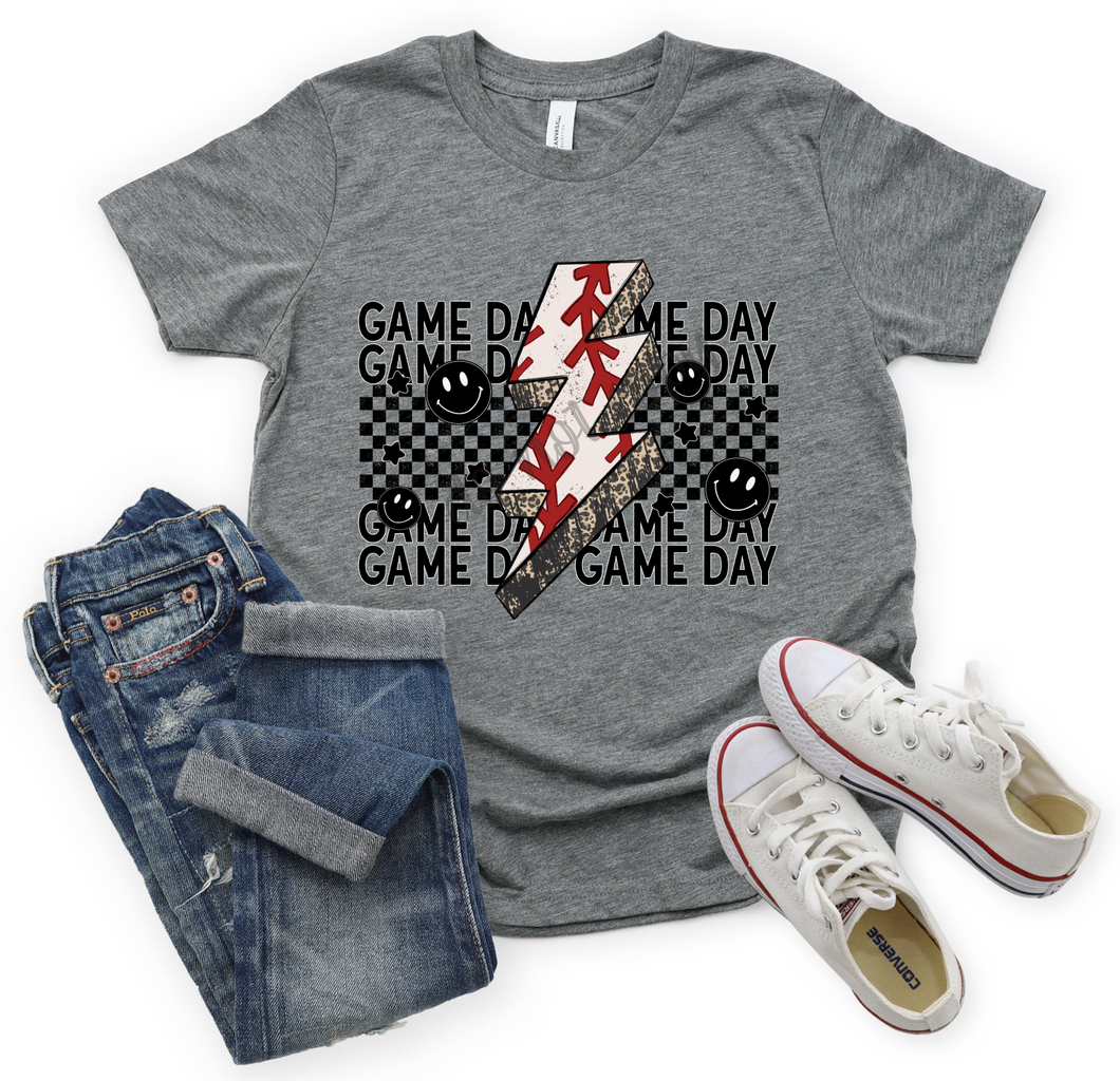 Game Day Checkered Baseball Smiley Face Transfer