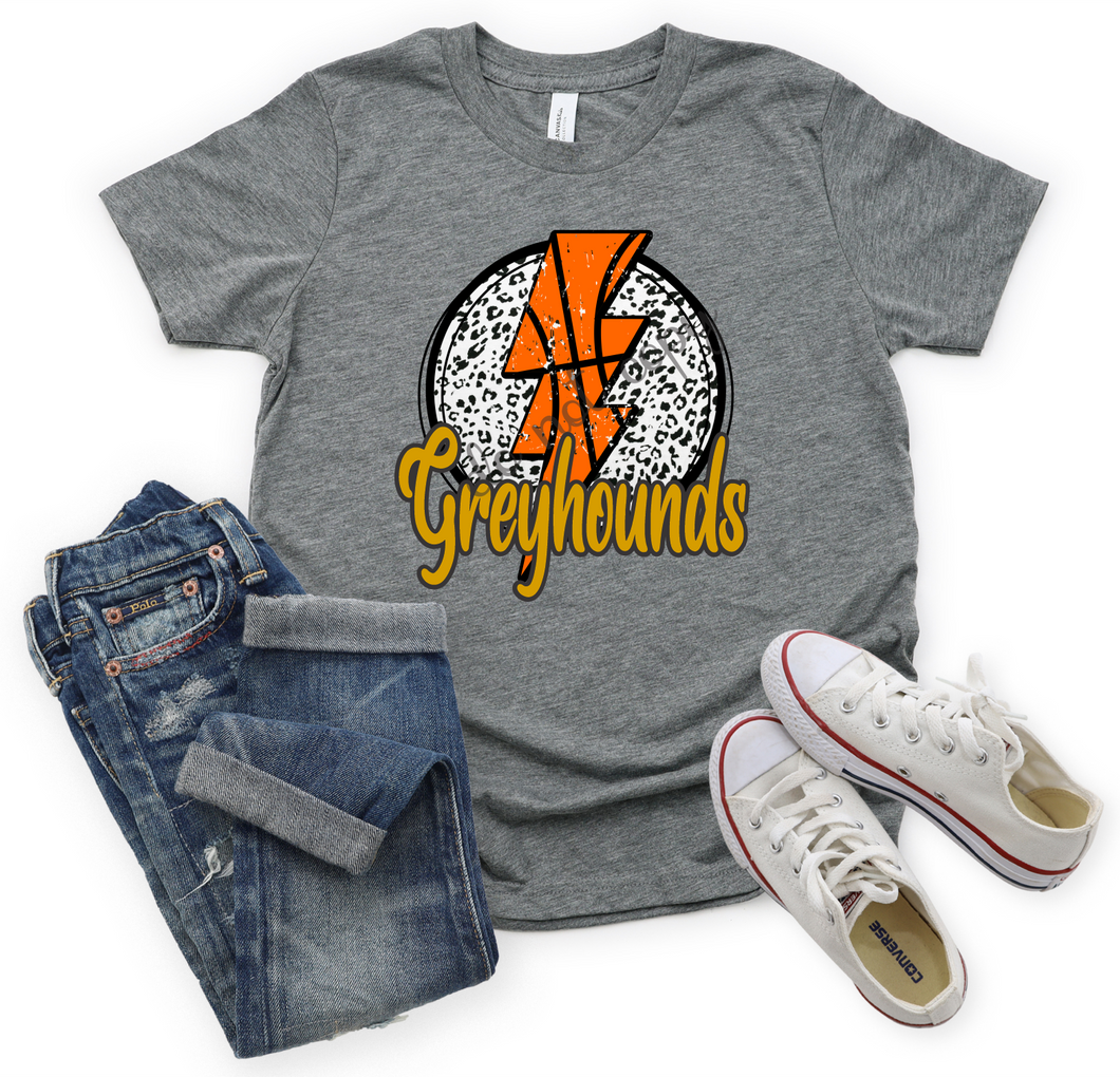 Greyhounds Mustard And Black Leopard Circle With Basketball Lightning Bolt