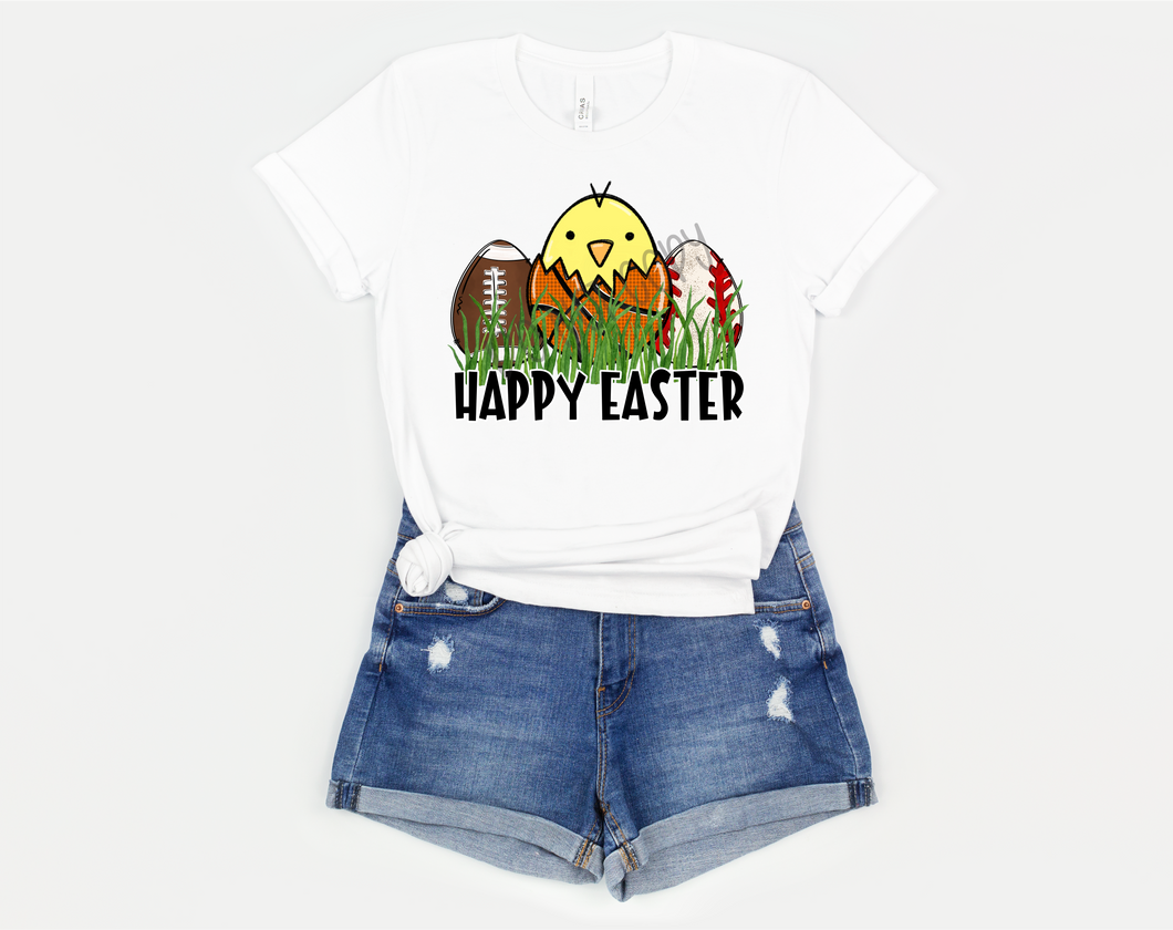 Happy Easter Chick With Basketball, Football & Baseball Eggs Transfer