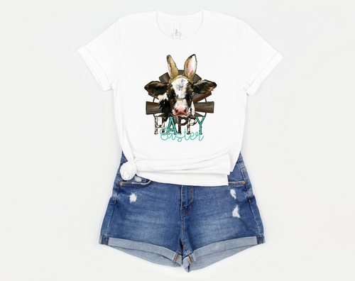 Happy Easter Cowhide & Turquoise Cow With Bunny Ears Transfer