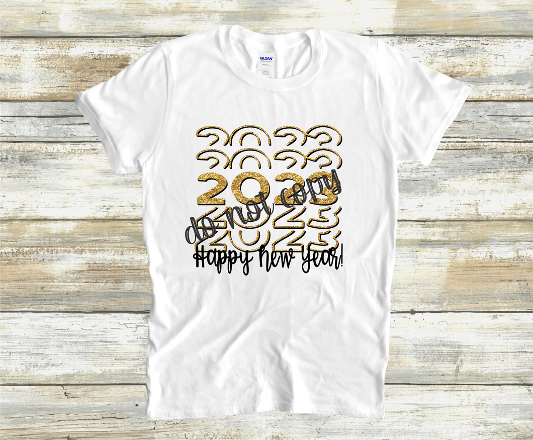 Happy New Year 2023 Stacked Black and Gold Transfer